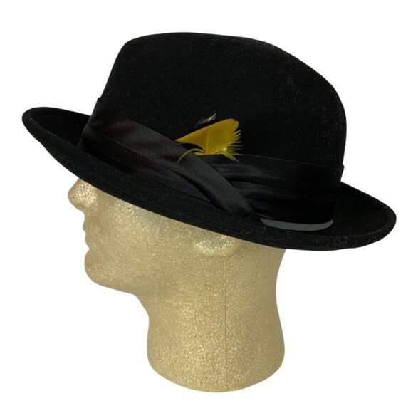 Stacy Adams Mens Black Wool Fedora Hat Satin Band Feather Accent Size XL - Picture 2 of 12